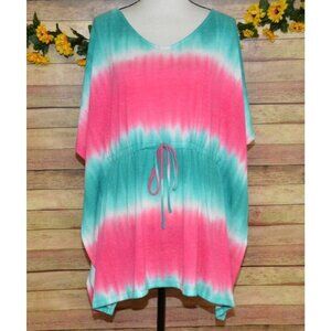 Oddy Soft Ombre Pink Green Poncho Top Shirt Size L/XL Summer Beach Cover Kaftan